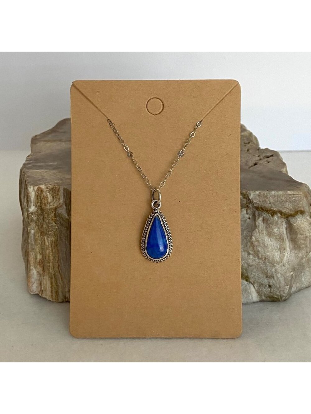 Sterling Silver 925 Dainty Teardrop Blue Lapis Lazuli Pendant Necklace 17" Chain